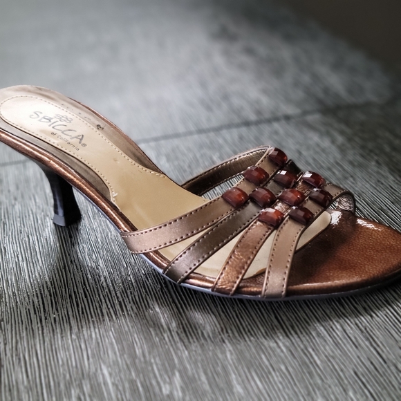 Open Back Slip-On Bronzy Brown Heels Amber Faux Jewels Strappy Brown Shoes - Picture 1 of 11